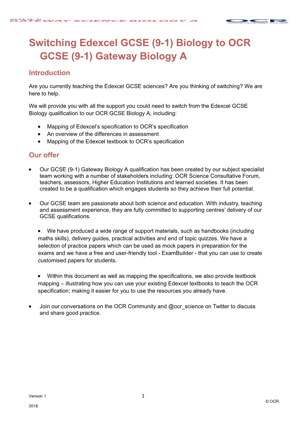 Switching Pack Edexcel GCSE (9-1) Biology to OCR GCSE (9-1) Gateway Biology A