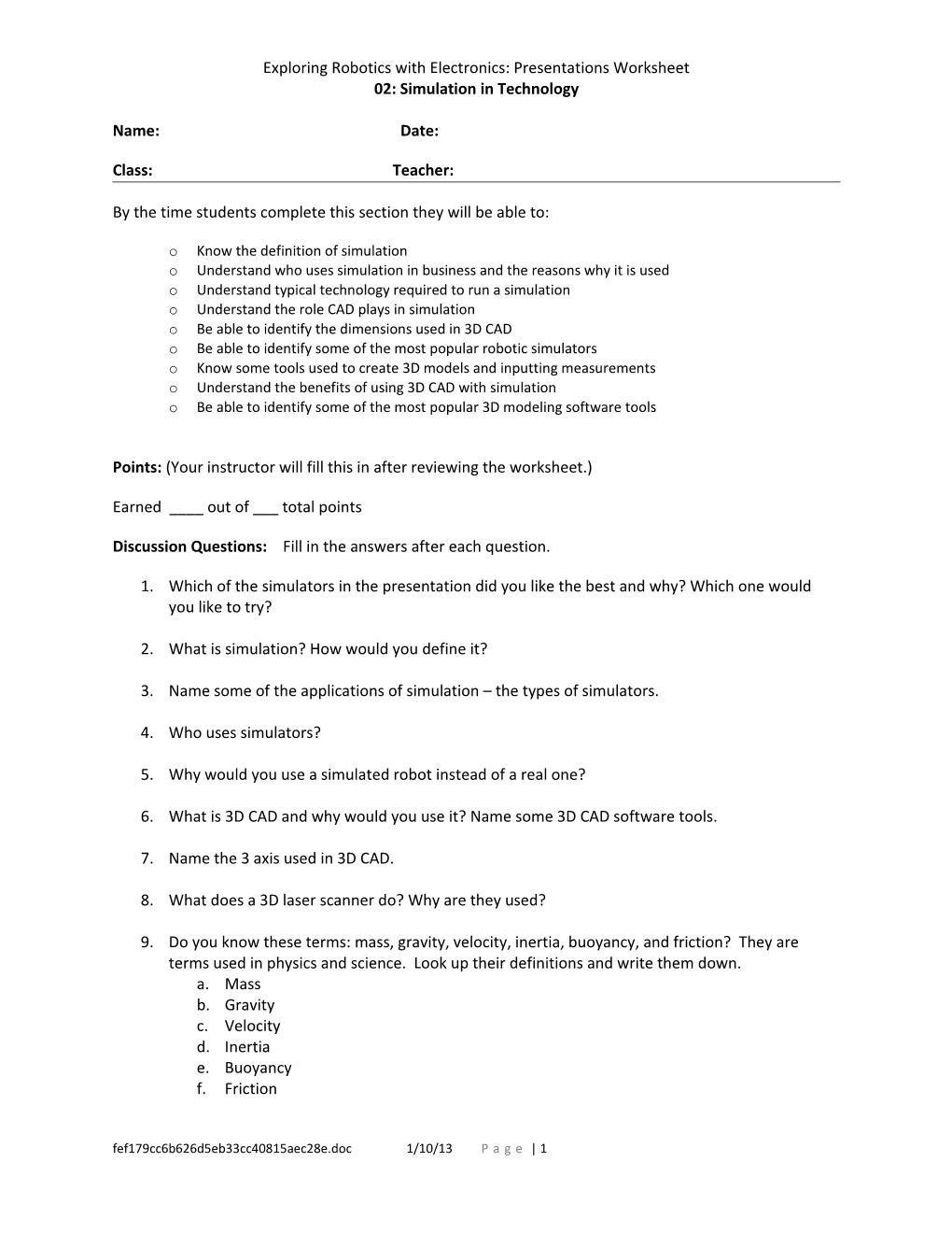 Exploring Robotics with Electronics: Presentationsworksheet