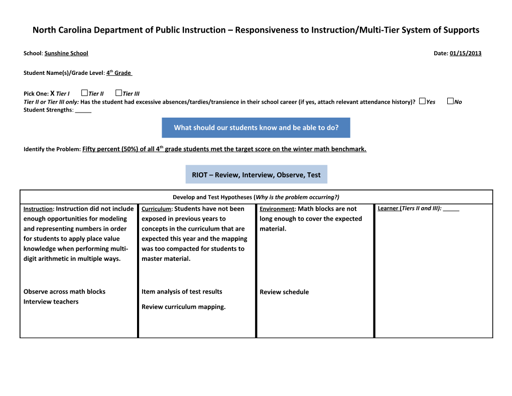 North Carolina Department of Public Instruction Responsiveness to Instruction/Multi-Tier