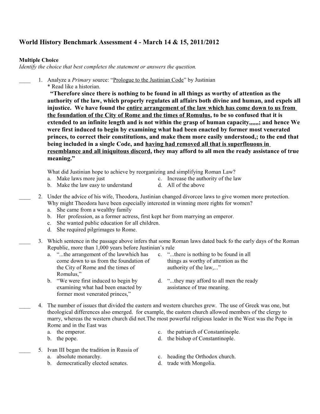 World History Benchmark Assessment 4 - March 14 & 15, 2011/2012