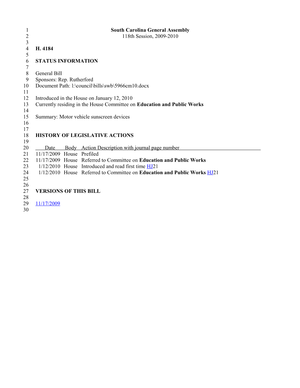 2009-2010 Bill 4184: Motor Vehicle Sunscreen Devices - South Carolina Legislature Online