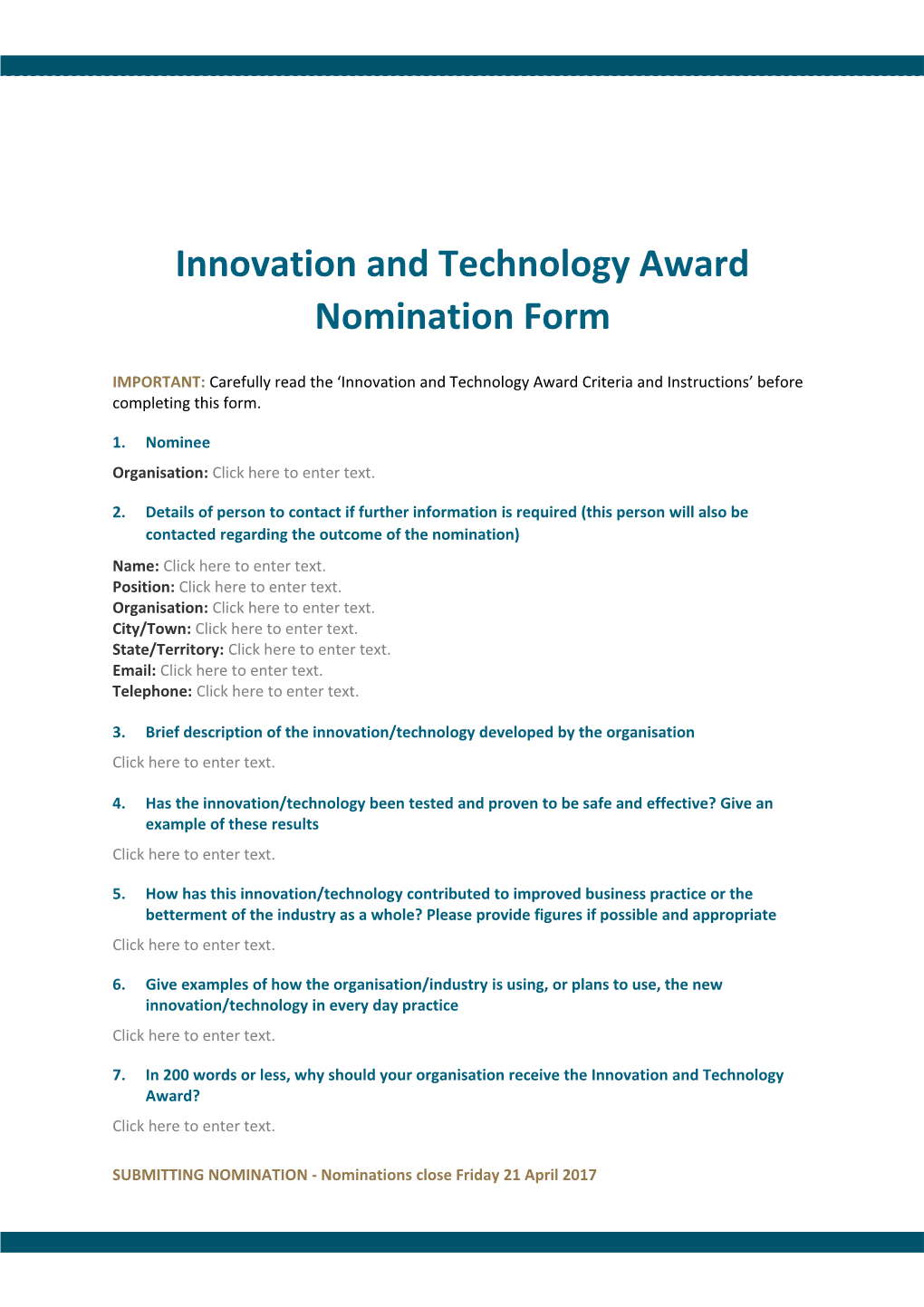 Innovation and Technology Award Nomination Form