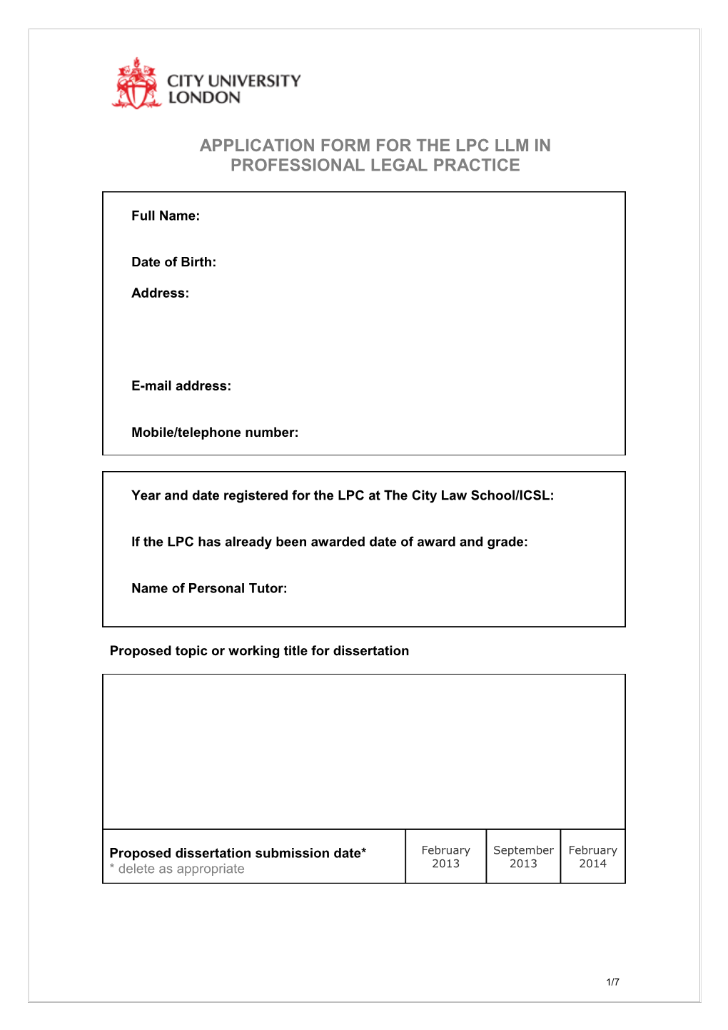 Application Form for the Llm in Professional Legal Skills