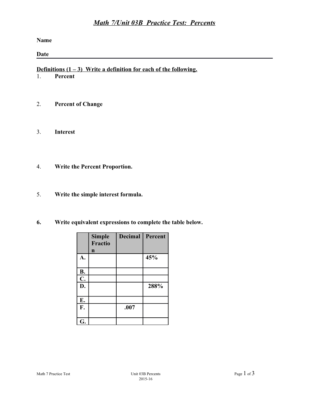 Math 7/Unit 03B Practice Test: Percents