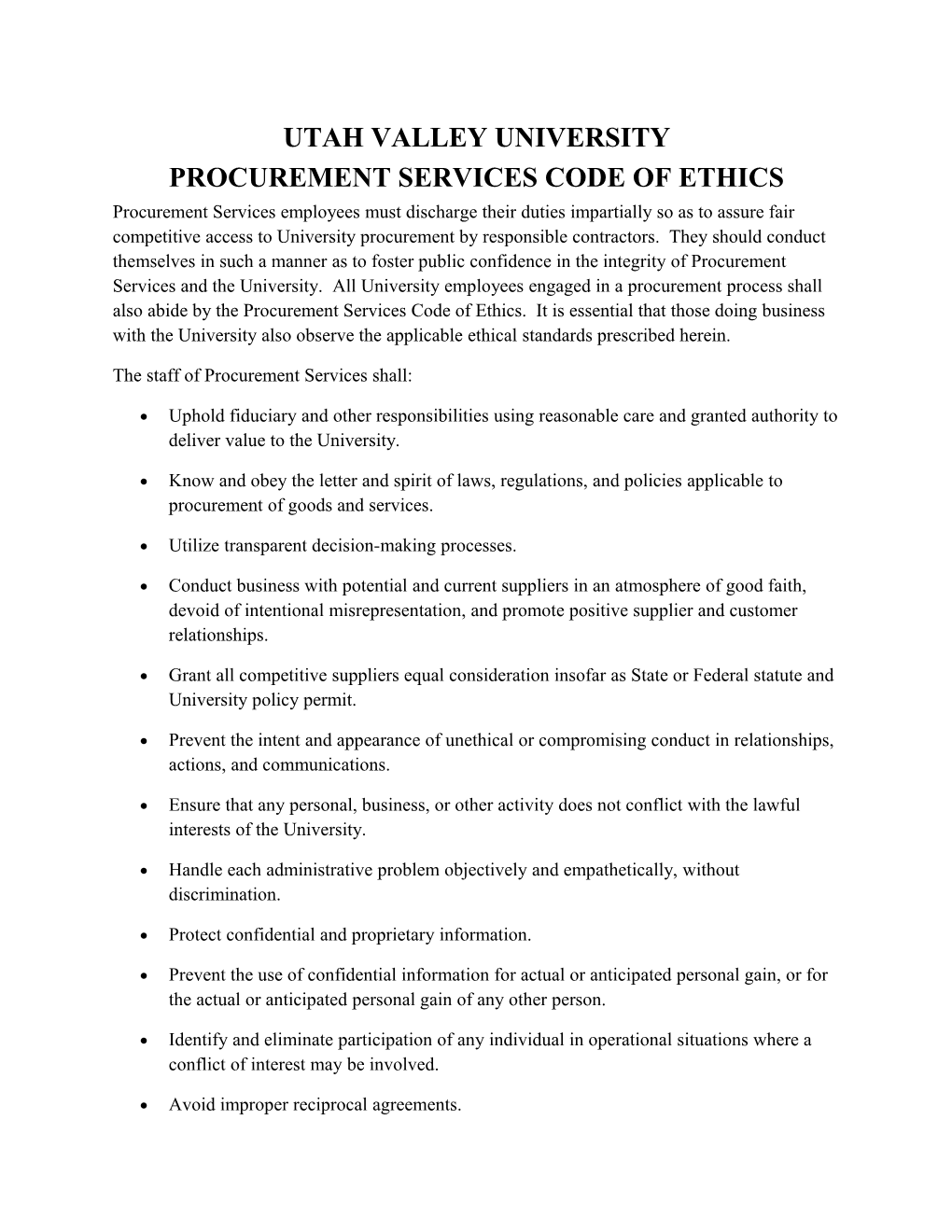 Procurement Services Code of Ethics