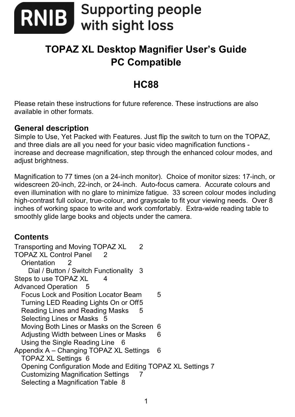 TOPAZ XL Desktop Magnifier User S Guide