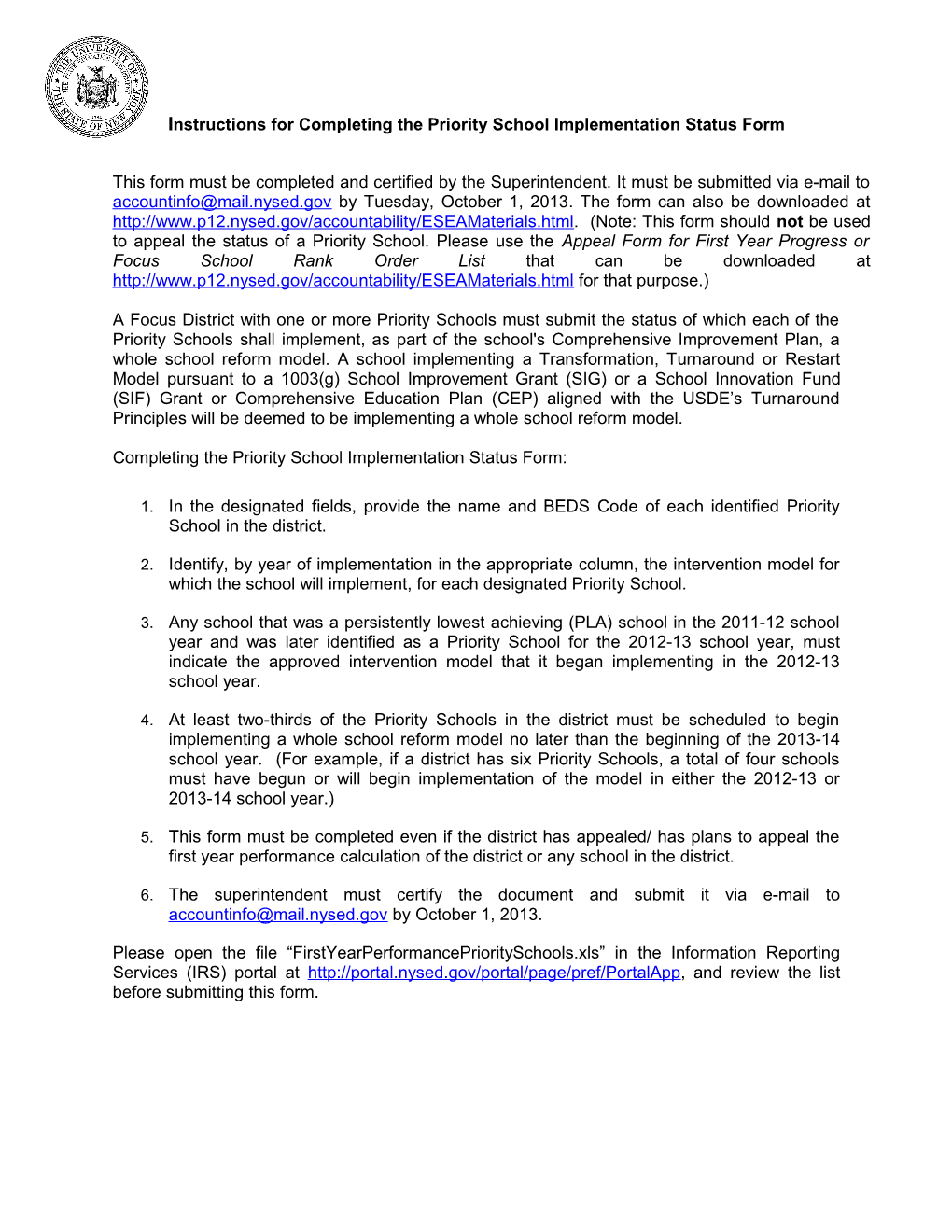 Instructions for Completing the Priority School Implementation Status Form s1