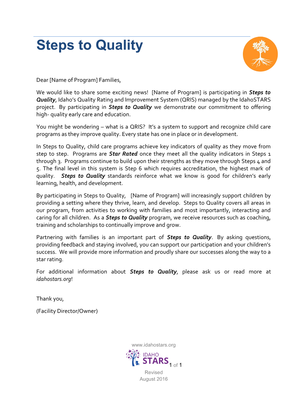 Steps to Quality - Parent Letter