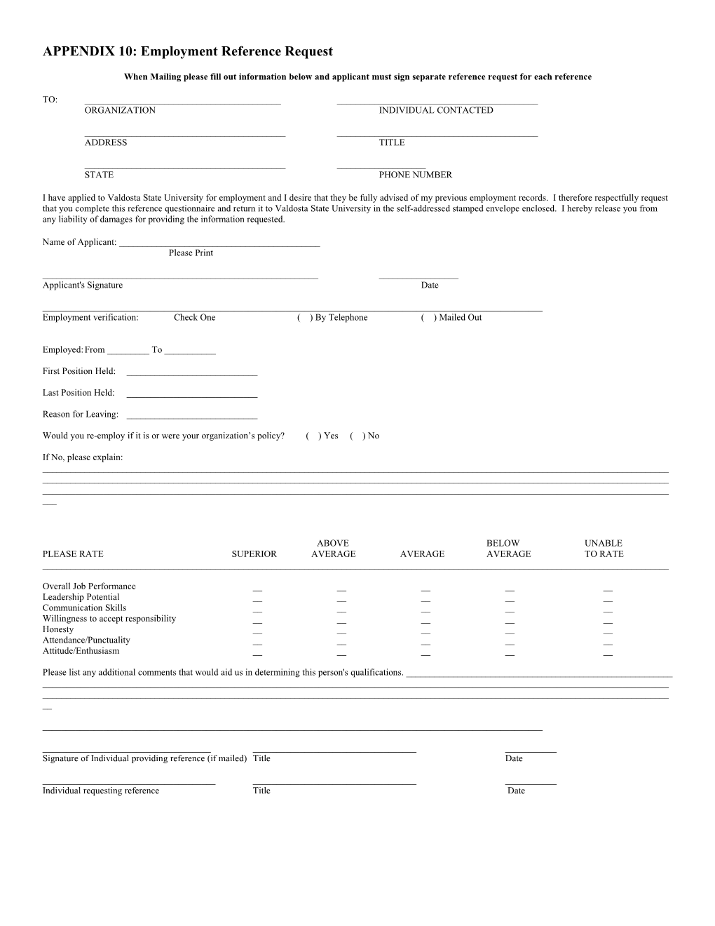 APPENDIX 10: Employment Reference Request