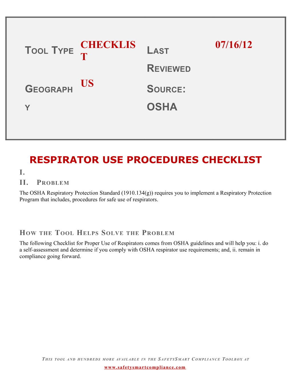 Respirator Use Procedures Checklist