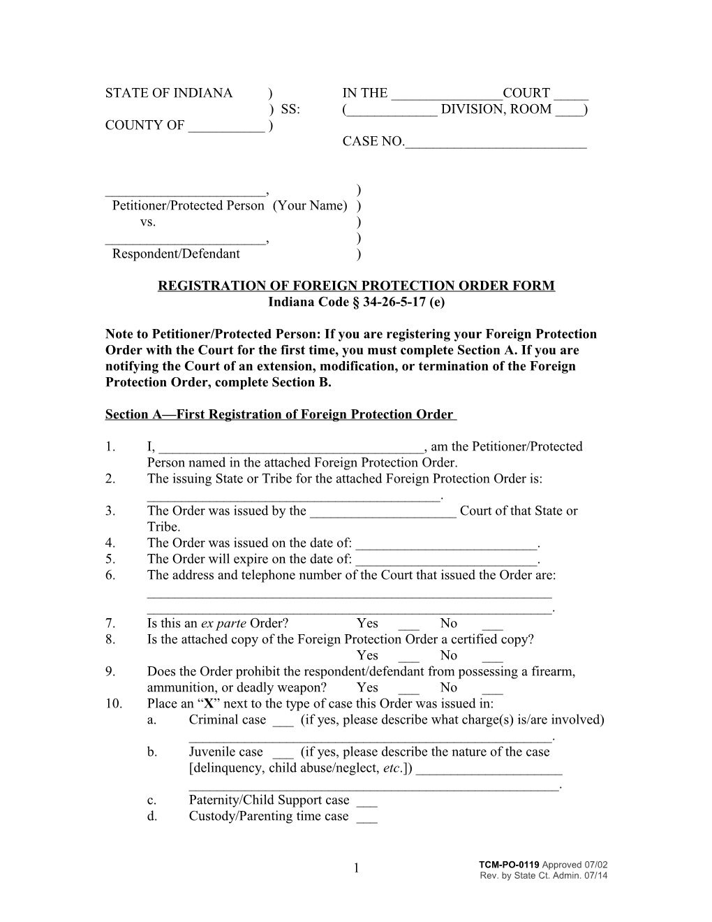 Registration of Foreign Protection Order Form