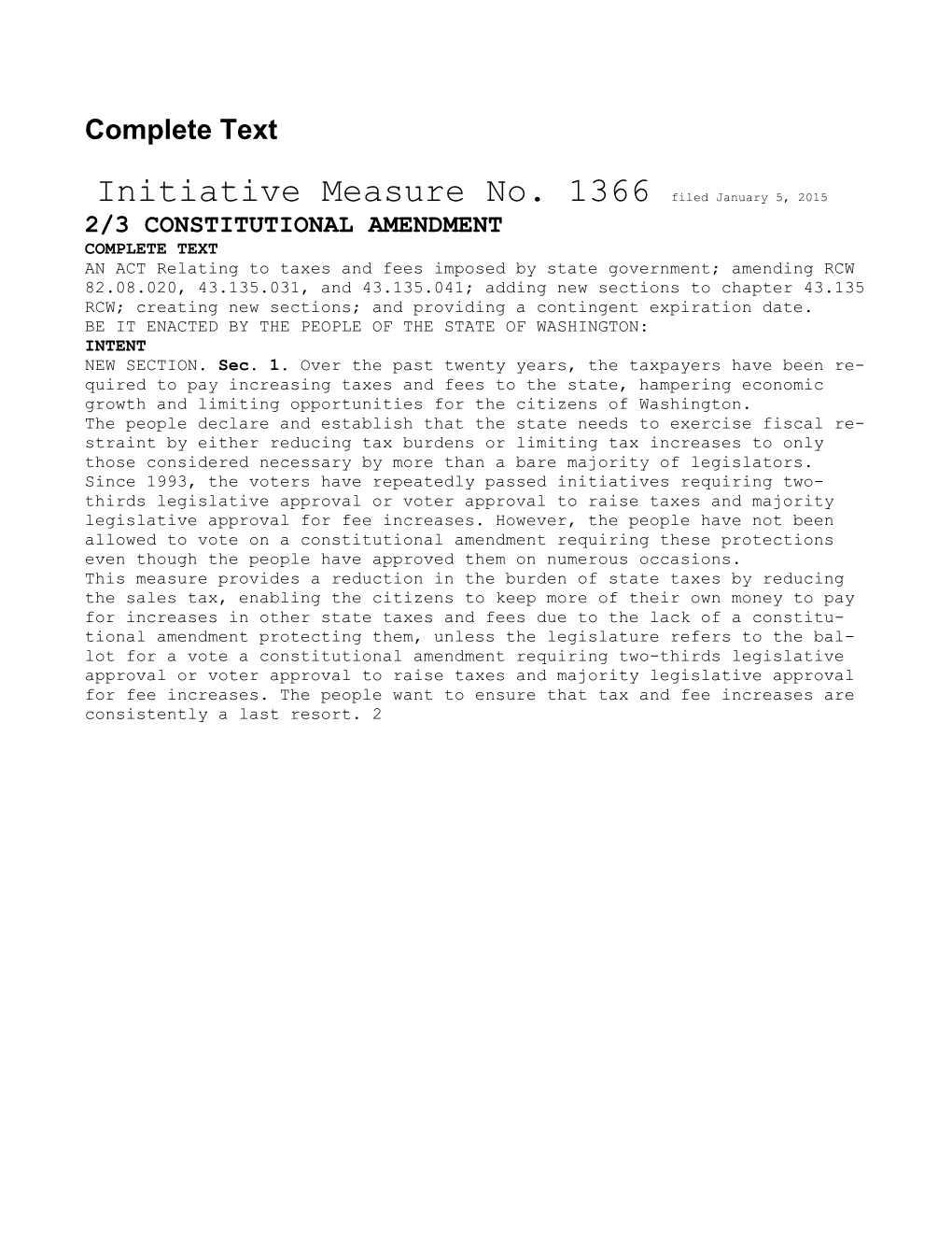 Initiative Measure No. 1366 Filed January 5, 2015