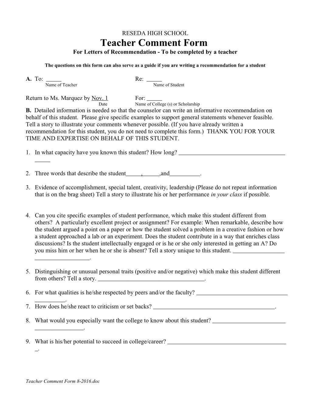 Questionnaire for Admisson/Scholarship