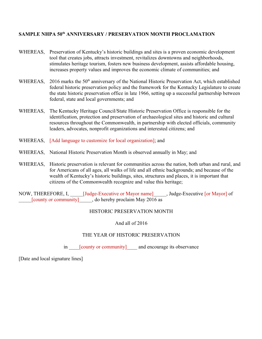 SAMPLE NHPA 50Th ANNIVERSARY / PRESERVATION MONTH PROCLAMATION