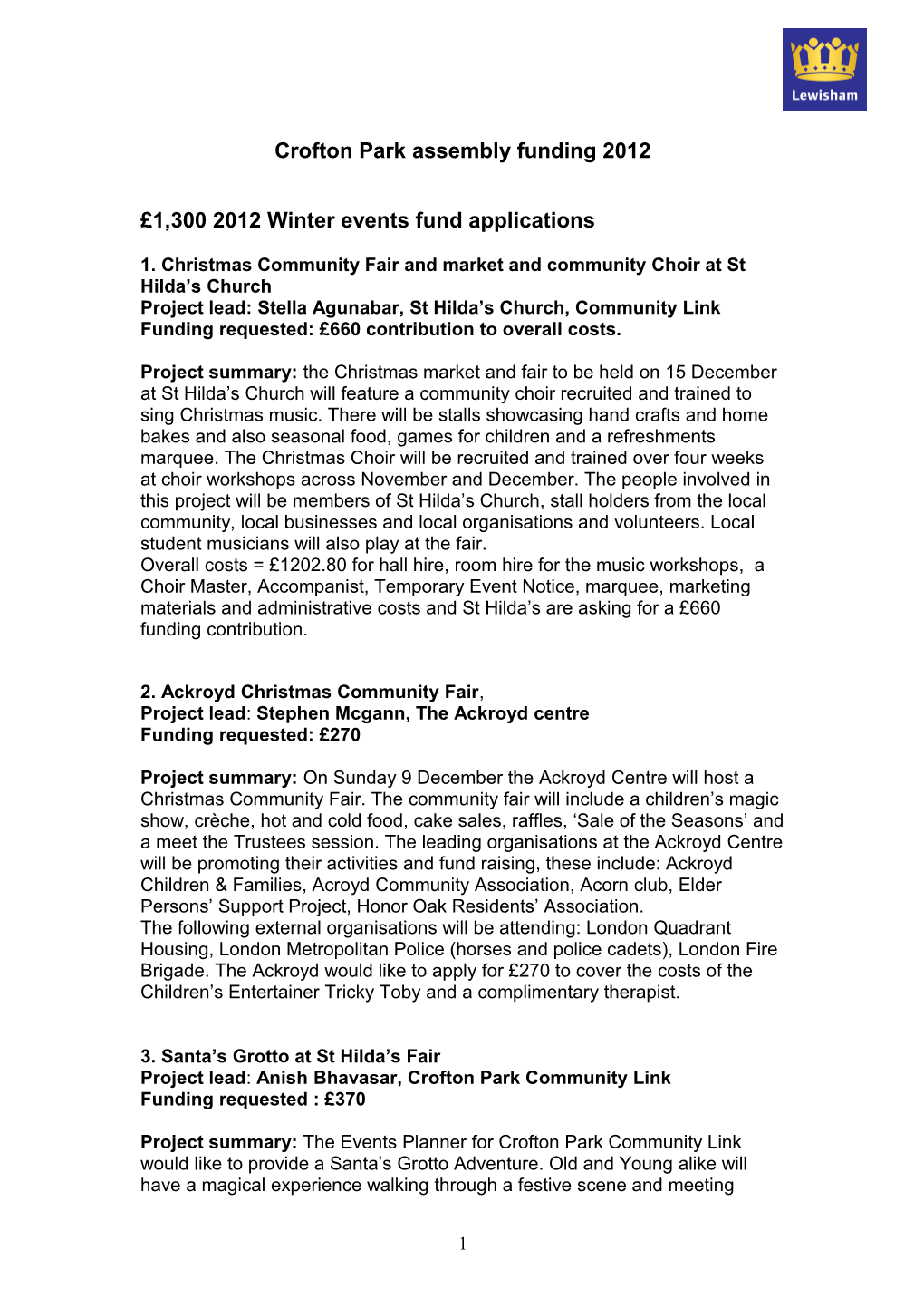 Crofton Park Assembly 2012-13 Small Grants Funding and Winter Events Funding