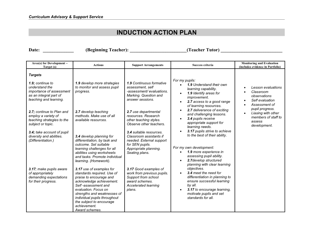 Induction Action Plan