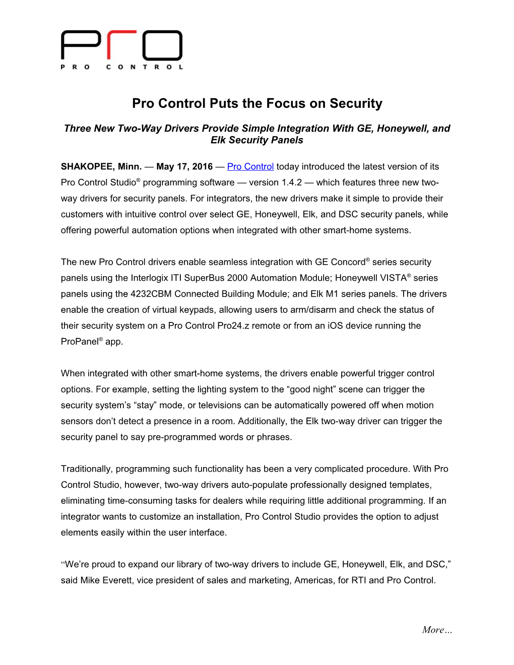Pro Control Puts the Focus on Security