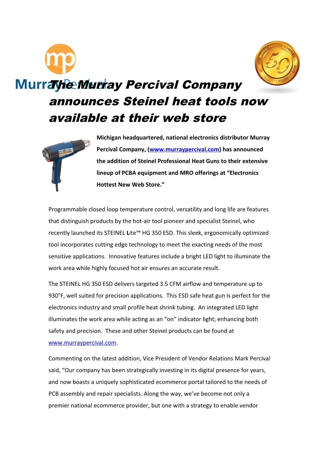 The Murray Percival Company Announces Steinel Heat Tools Now Available at Their Web Store