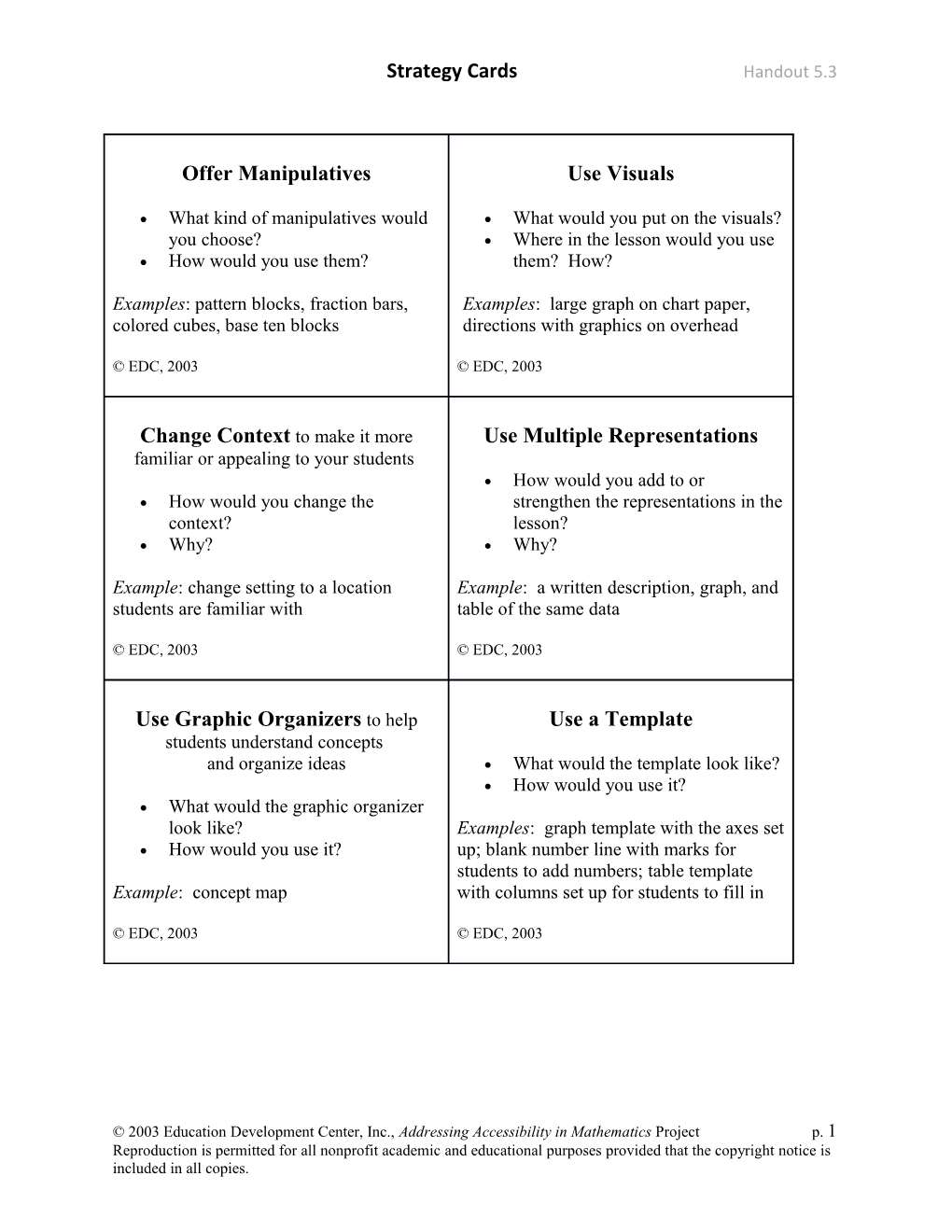 2003 Education Development Center, Inc., Addressing Accessibility in Mathematics Project P. 1