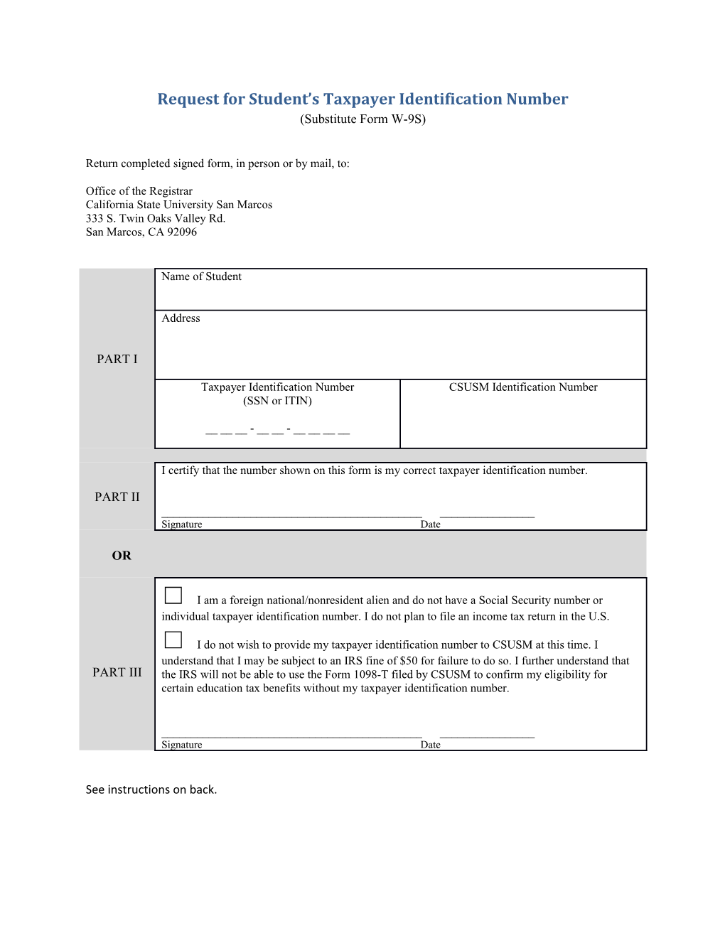 Request for Student S Taxpayer Identification Number s1