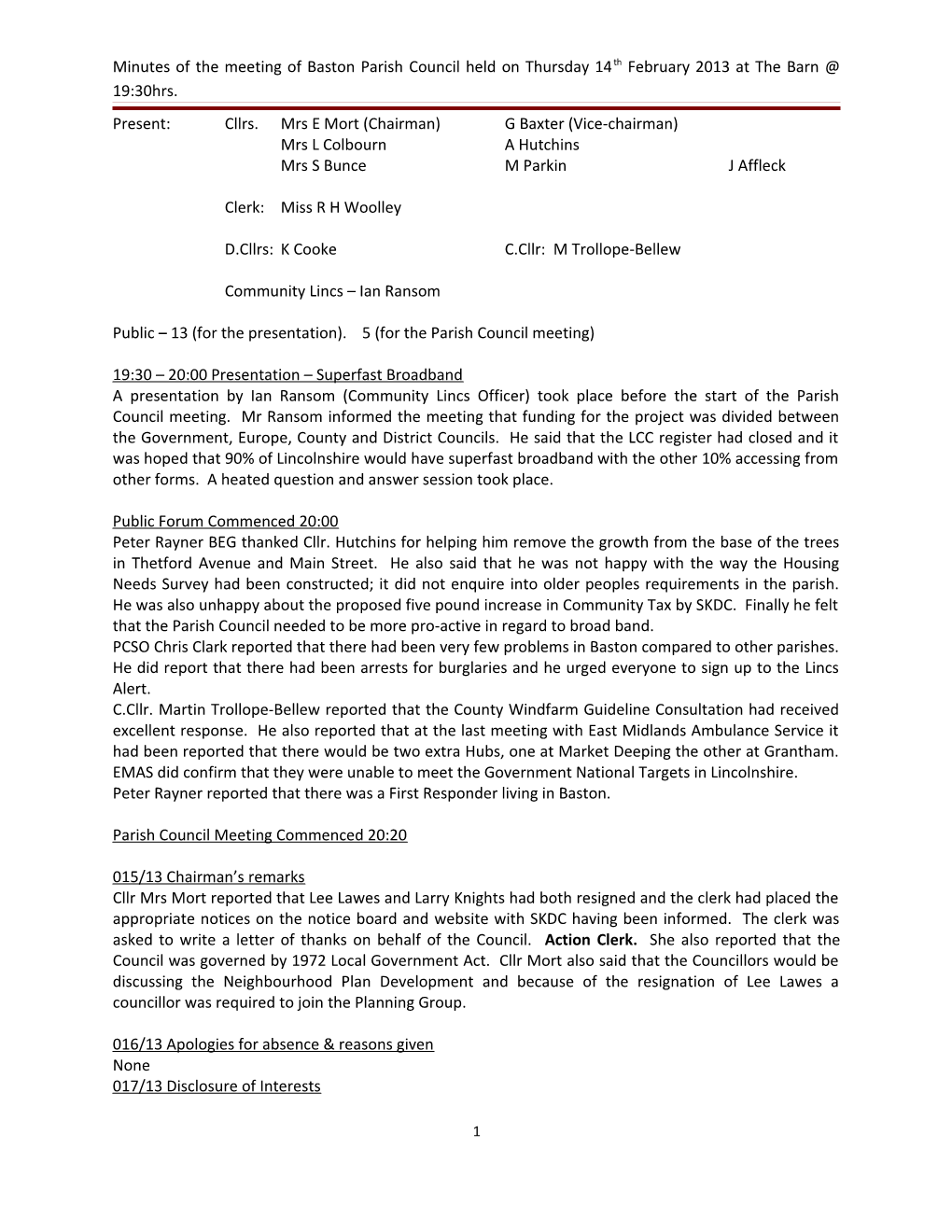 Clerks Notes of the Meeting of Baston Parish Council Held on Thursday 9Th September 2010 s1