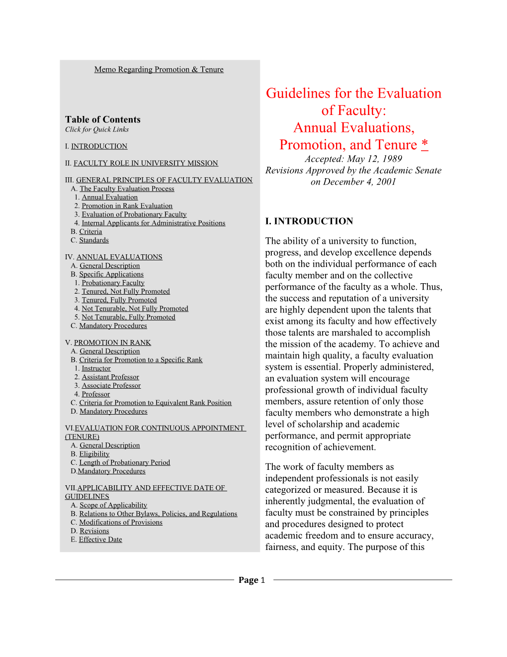 Guidelines for Evaluation of Faculty: Annual Evaluations, Promotion, and Tenure