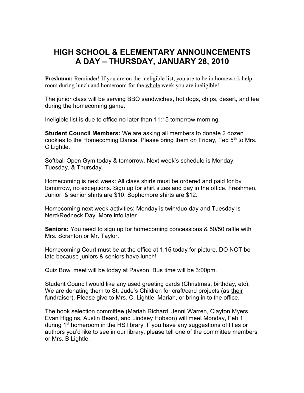 High School & Elementary Announcements