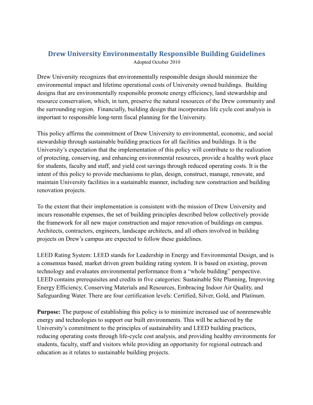 Drew University Environmentally Responsible Building Guidelines