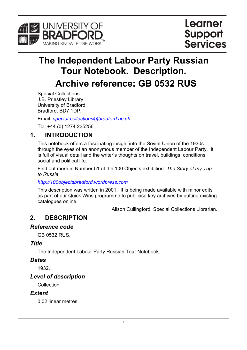 ILP Russian Tour Notebook, Special Collections