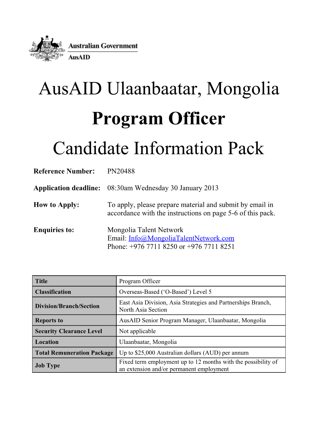 Ausaid Program Officer - Mongolia: Candidate Information Pack PN20488