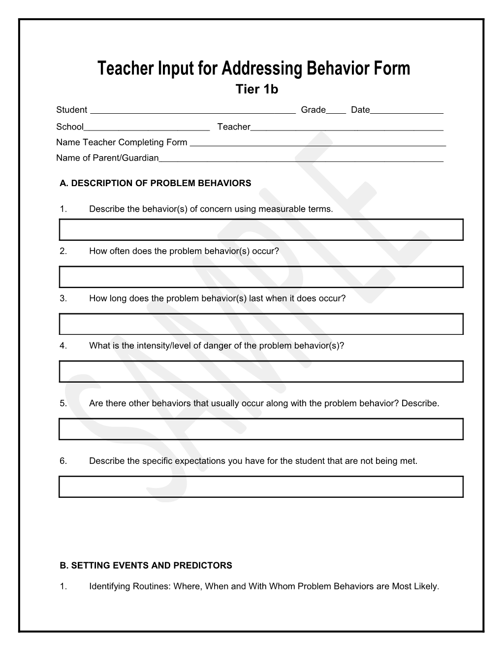 Teacher Input for Addressing Behavior Form