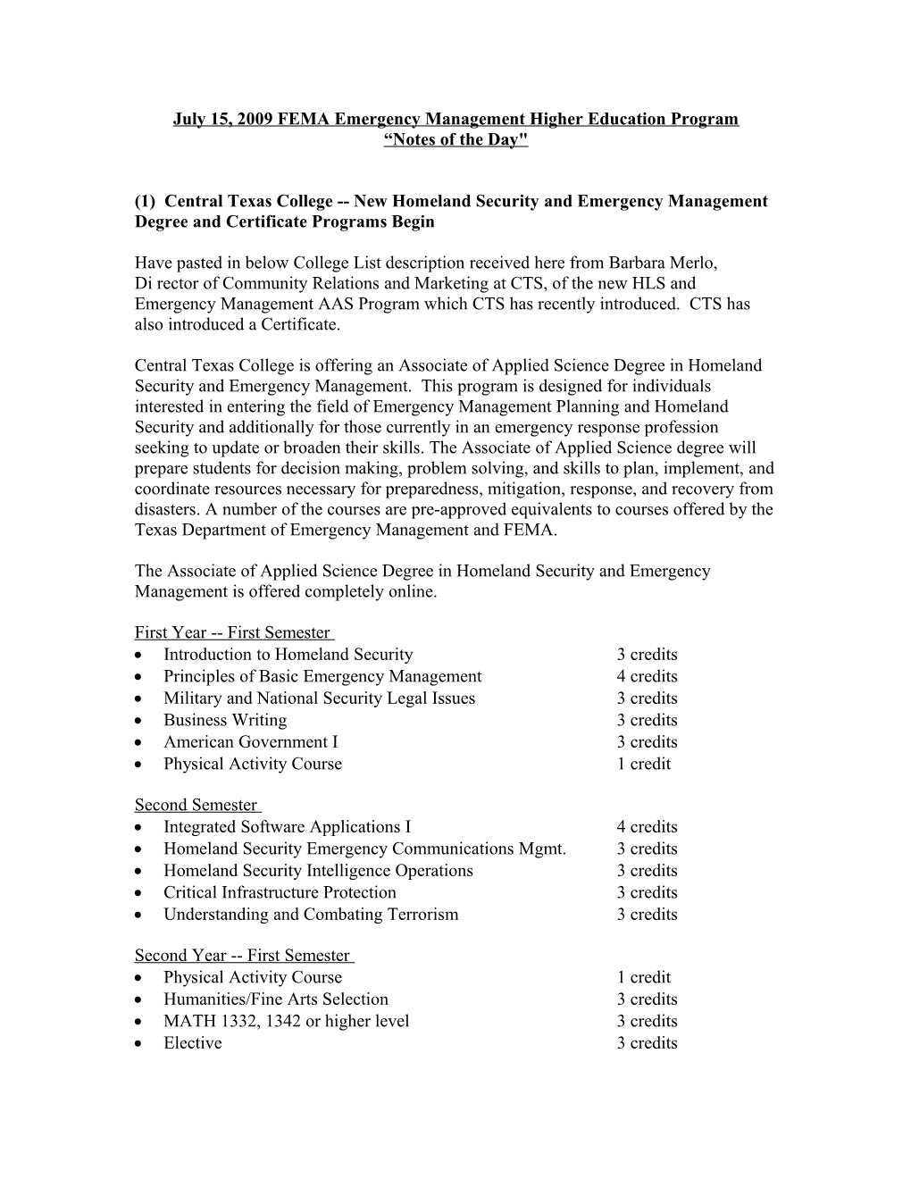 July 15, 2009 FEMA Emergency Management Higher Education Program