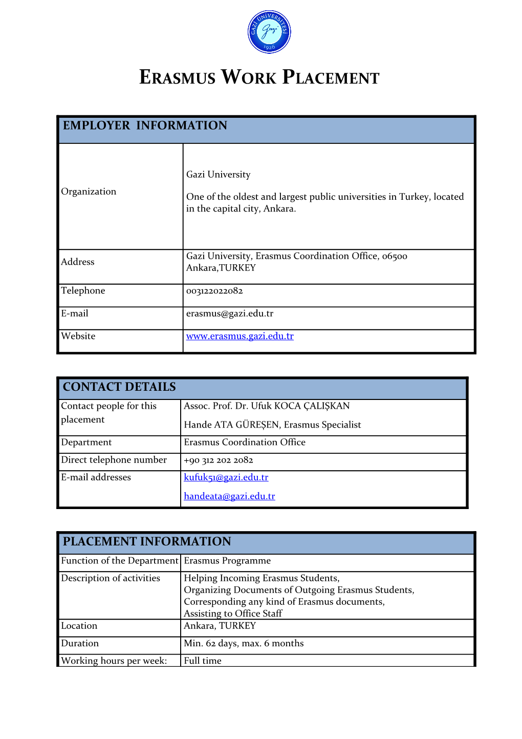 Erasmus Work Placement