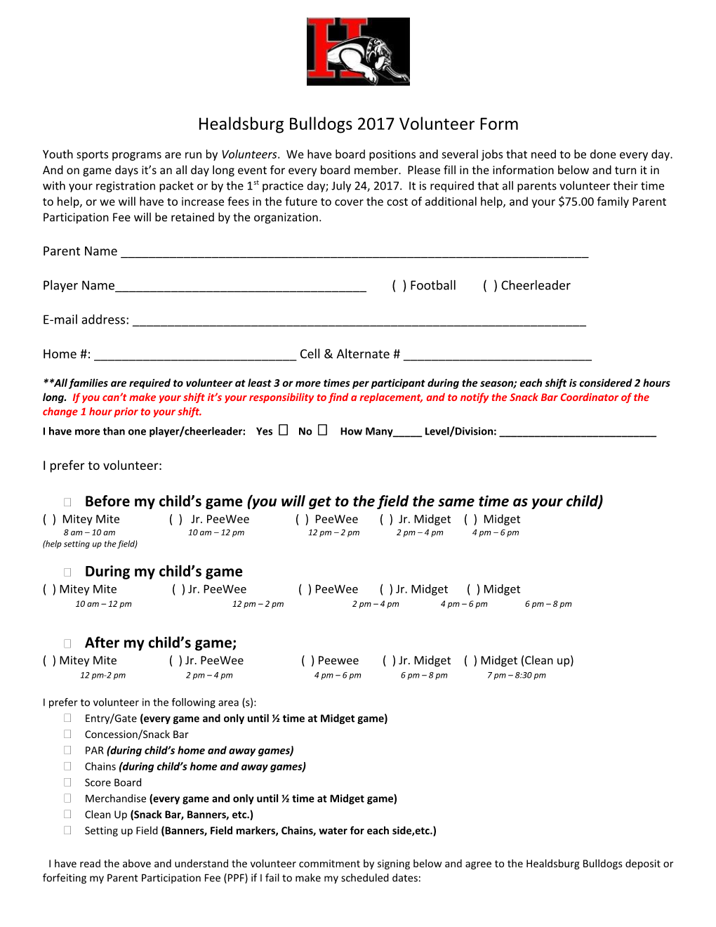 Healdsburg Bulldogs 2017 Volunteer Form
