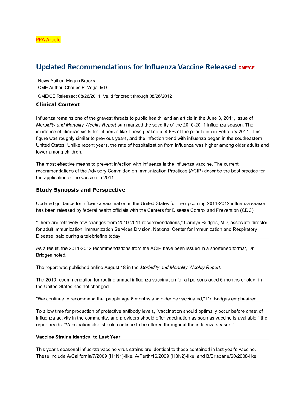 Updated Recommendations for Influenza Vaccine Released CME/CE