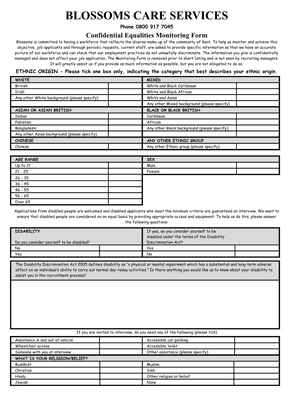 Confidential Equalities Monitoring Form