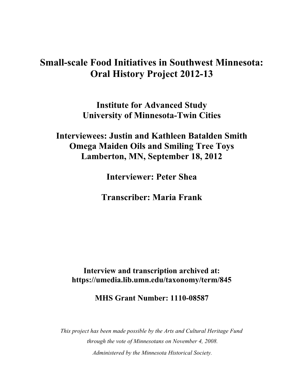 Small-Scale Food Initiatives in Southwest Minnesota