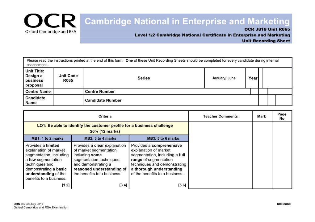 Unit Recording Sheet, R65 Design a Business Proposal