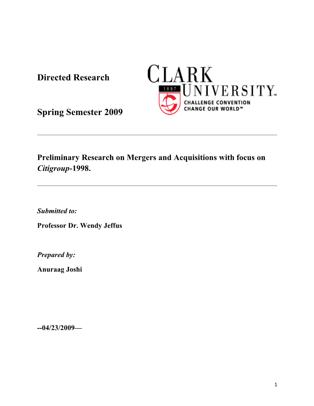 Preliminary Research on Mergers and Acquisitions with Focus on Citigroup-1998