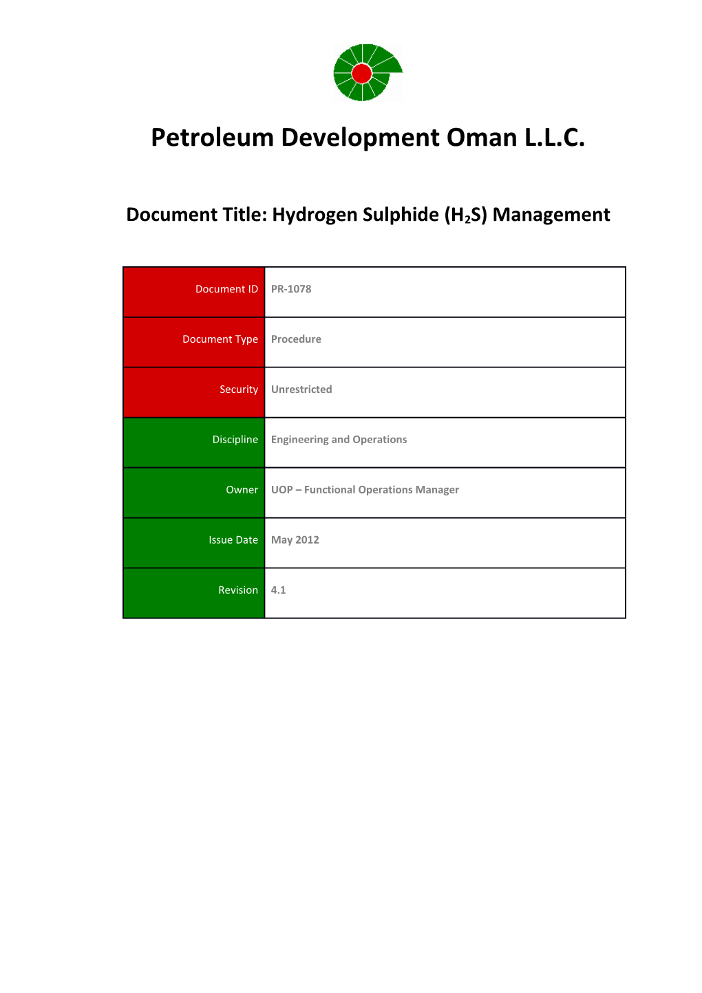 Hydrogen Sulphide Management Procedure