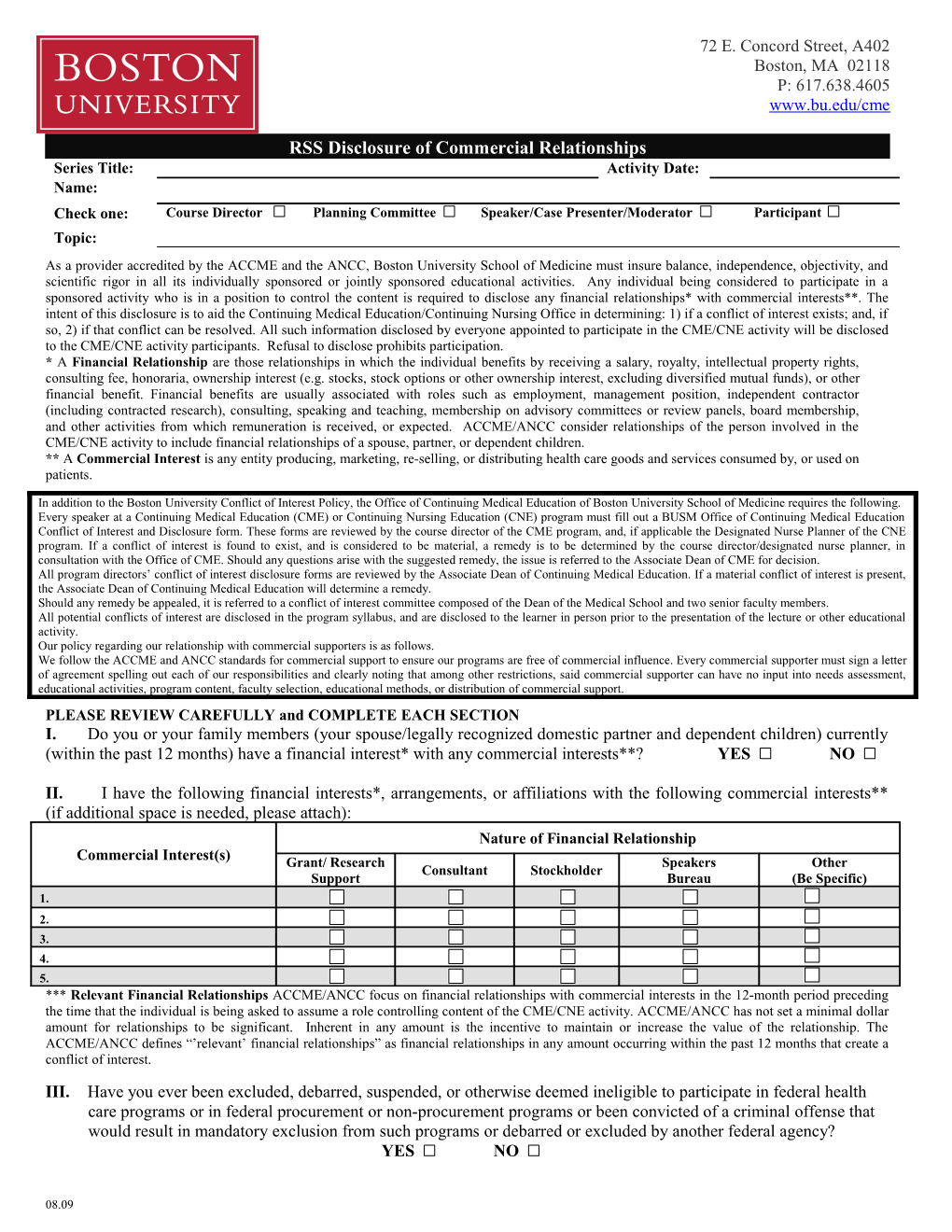 RSS Disclosure of Commercial Relationships