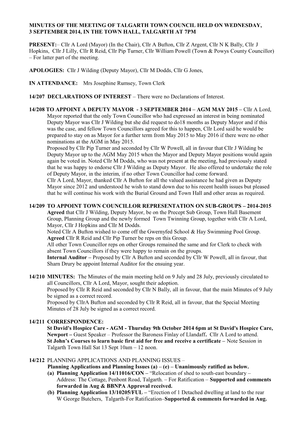 Minutes of the Meeting of Talgarth Town Council Held on Wednesday, 10 October 2012, In s5