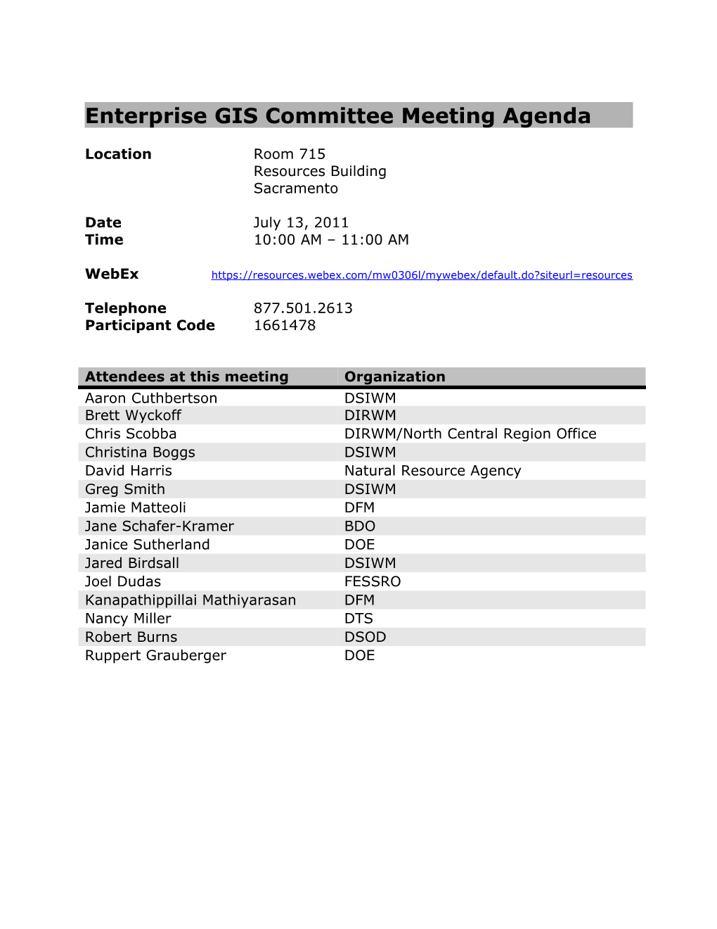 Enterprise GIS Committee Meeting Agenda