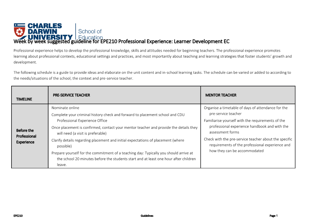 Week by Week Suggested Guideline for EPE210 Professional Experience: Learner Development EC