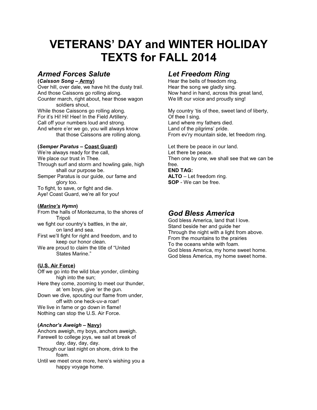 VETERANS DAY and WINTER HOLIDAY TEXTS for FALL 2014