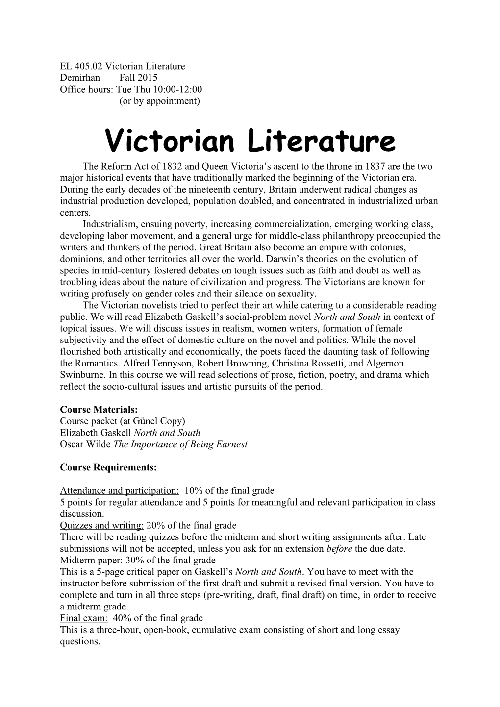 EL 405.02 Victorian Literature