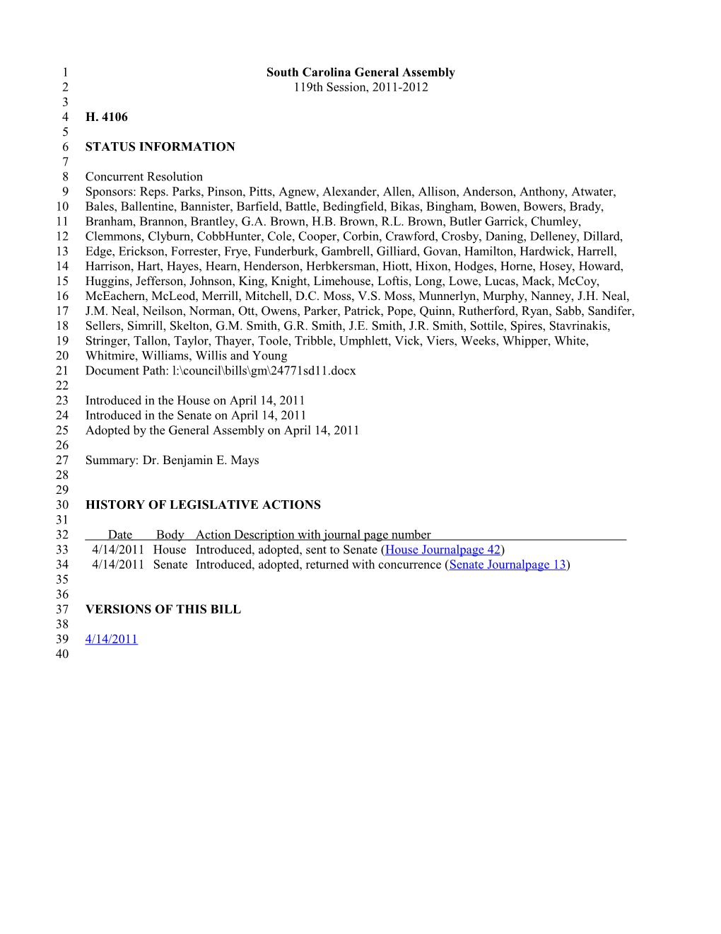 2011-2012 Bill 4106: Dr. Benjamin E. Mays - South Carolina Legislature Online