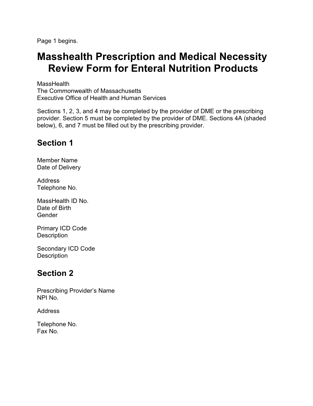 Masshealth Prescription and Medical Necessity Review Form for Enteral Nutrition Products