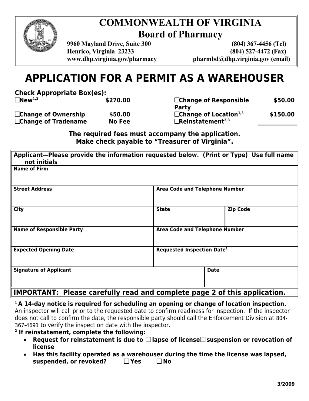 Board of Pharmacy Application for Warehouser