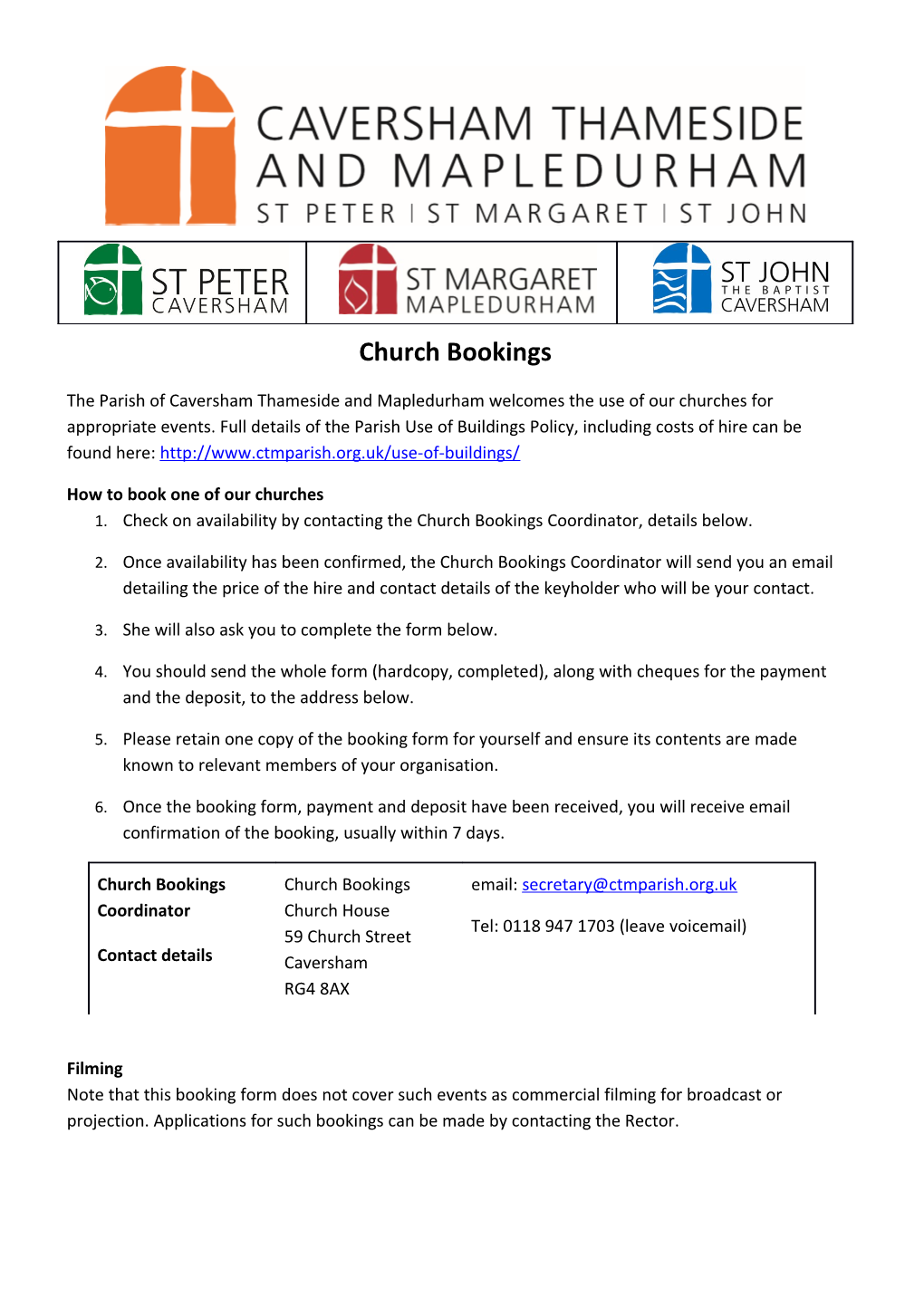 How to Book One of Our Churches